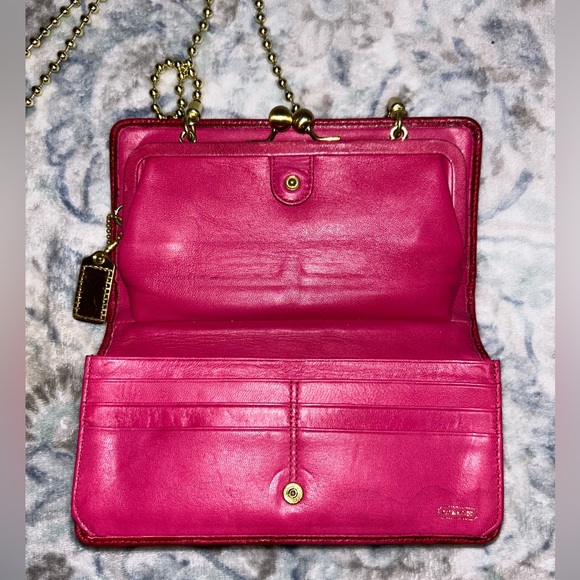 Coach Madison Red Satin Convertible Clutch Kisslock & Brass Chain Strap - Picture 2 of 5